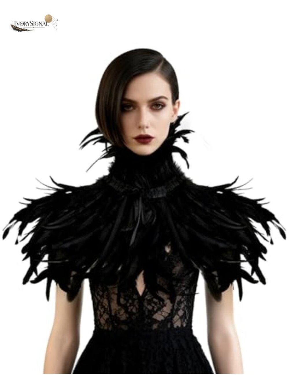L'VOW Real Feather Vampire Cape Shrug Lace Collar Gothic Cosplay Costume